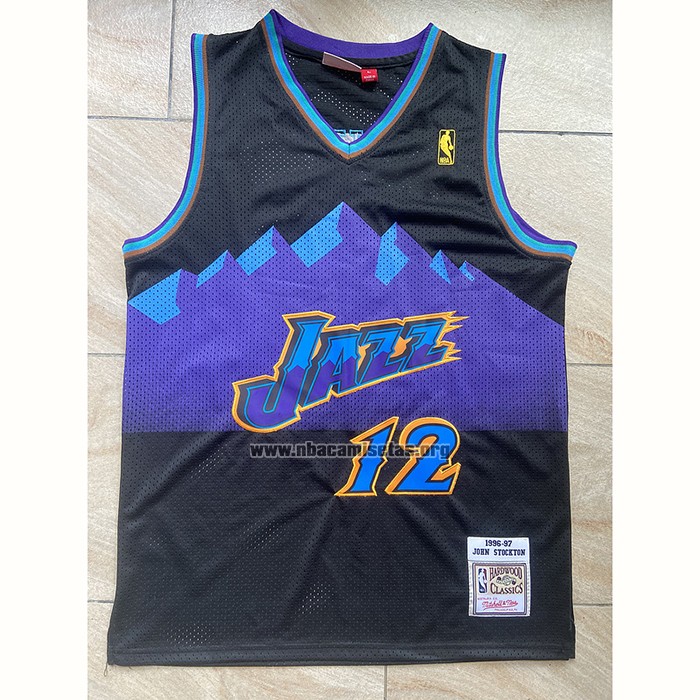 Camiseta Utah Jazz John Stockton NO 12 Mitchell & Ness 1996-97 Negro